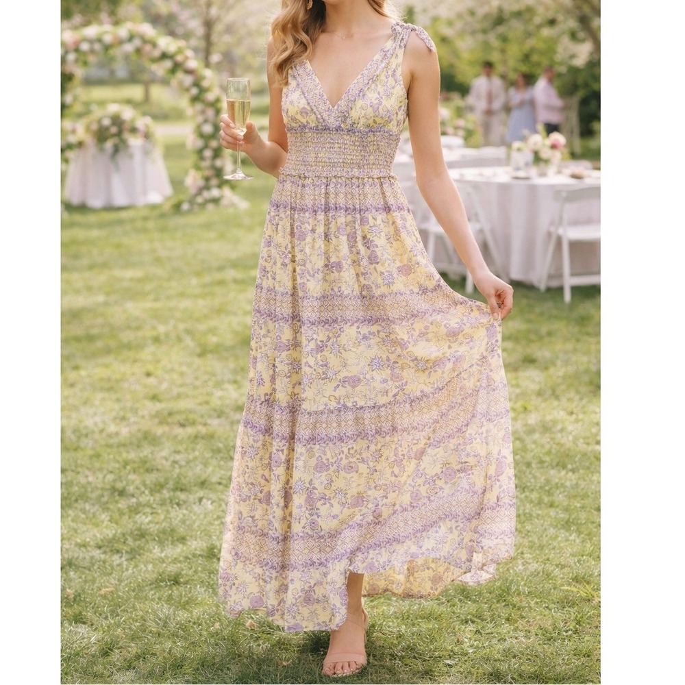 Taylor Womens Maxi Dress XS Yellow Floral Smocked Waist Cottagecore Prairie Boho